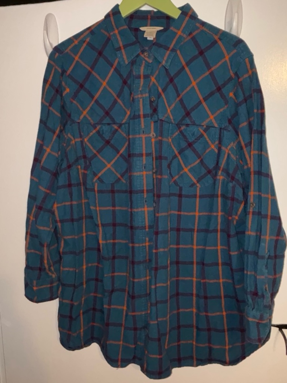 Duluth Trading Co Teal Plaid Button-Down Shirt with Orange and Navy Lines